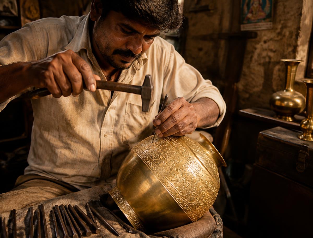 Artisan hand-engraving a brass vessel