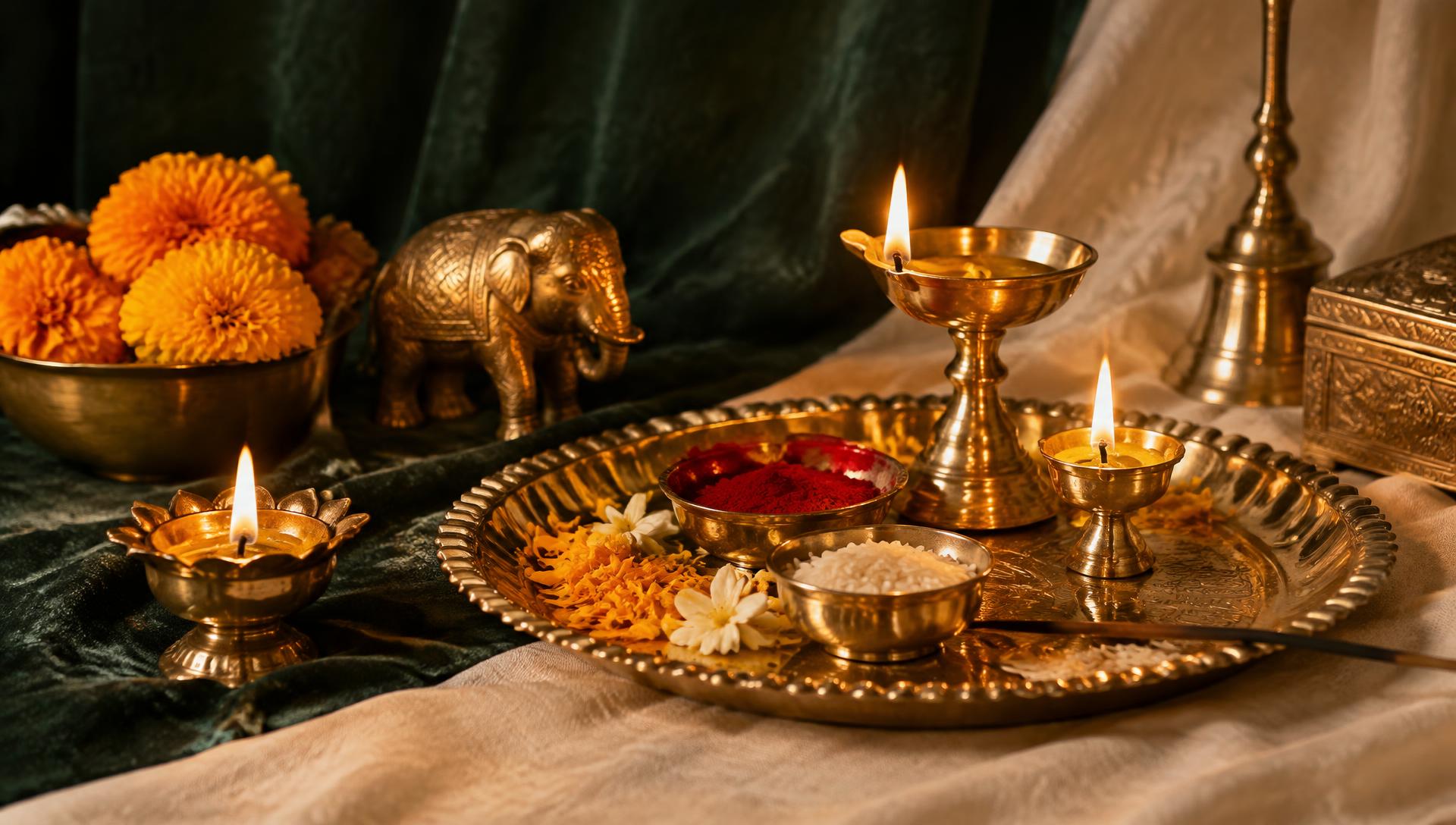 Brass diyas and pooja thali glowing in warm light